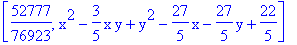 [52777/76923, x^2-3/5*x*y+y^2-27/5*x-27/5*y+22/5]